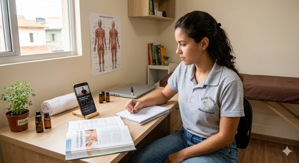 pessoa estudando massoterapia em casa, com caderno e celular assistindo aula online, ambiente simples e organizado