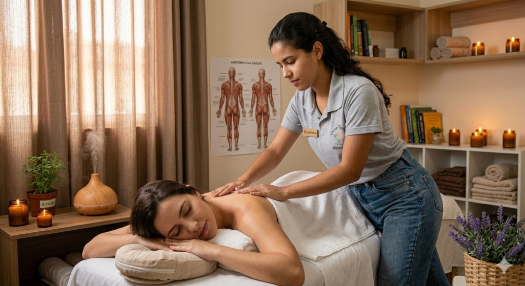 massoterapeuta atendendo cliente em ambiente relaxante, luz suave, cliente tranquilo, clima de bem-estar