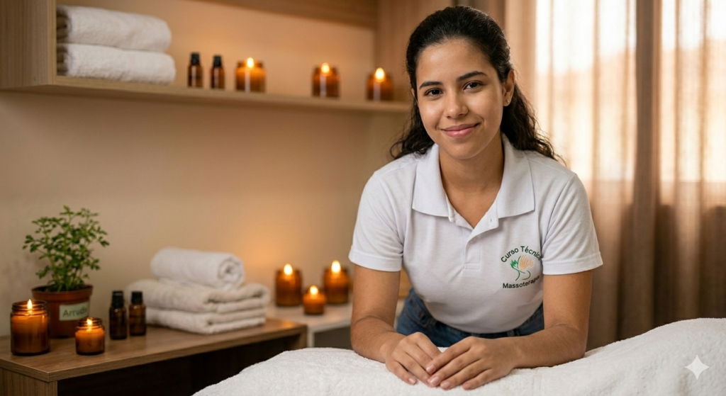 A imagem mostra uma mulher de pé em um consultório de massagem, com as mãos apoiadas em uma maca de massagem. Ela está sorrindo para a câmera e veste uma polo branca profissional. Ao fundo, há prateleiras com toalhas dobradas, velas acesas e frascos de óleo de massagem, e algumas plantas verdes